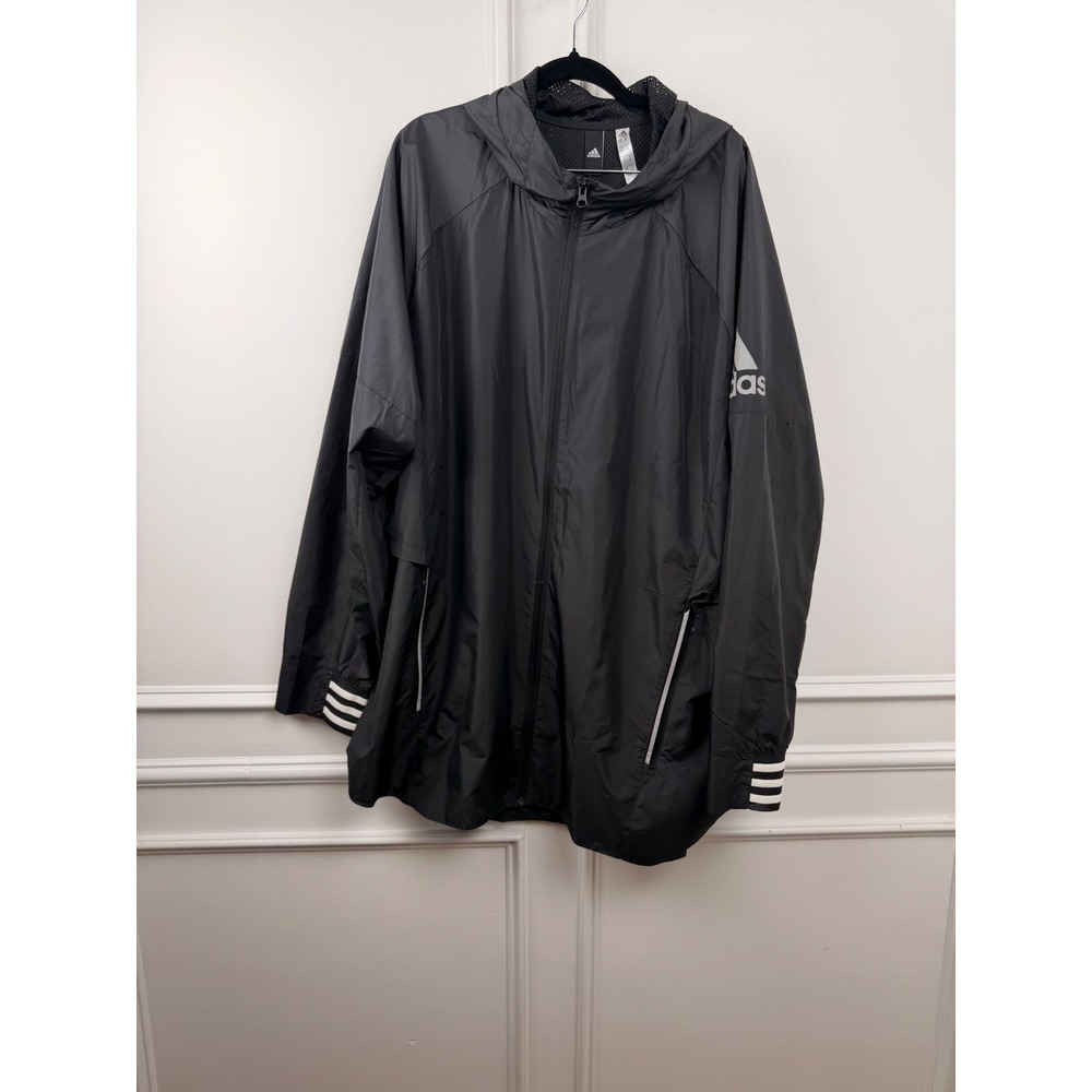 Adidas Mens 2XL Black Windbreaker Hooded Full Zip Mesh Lined Jacket Ripstop